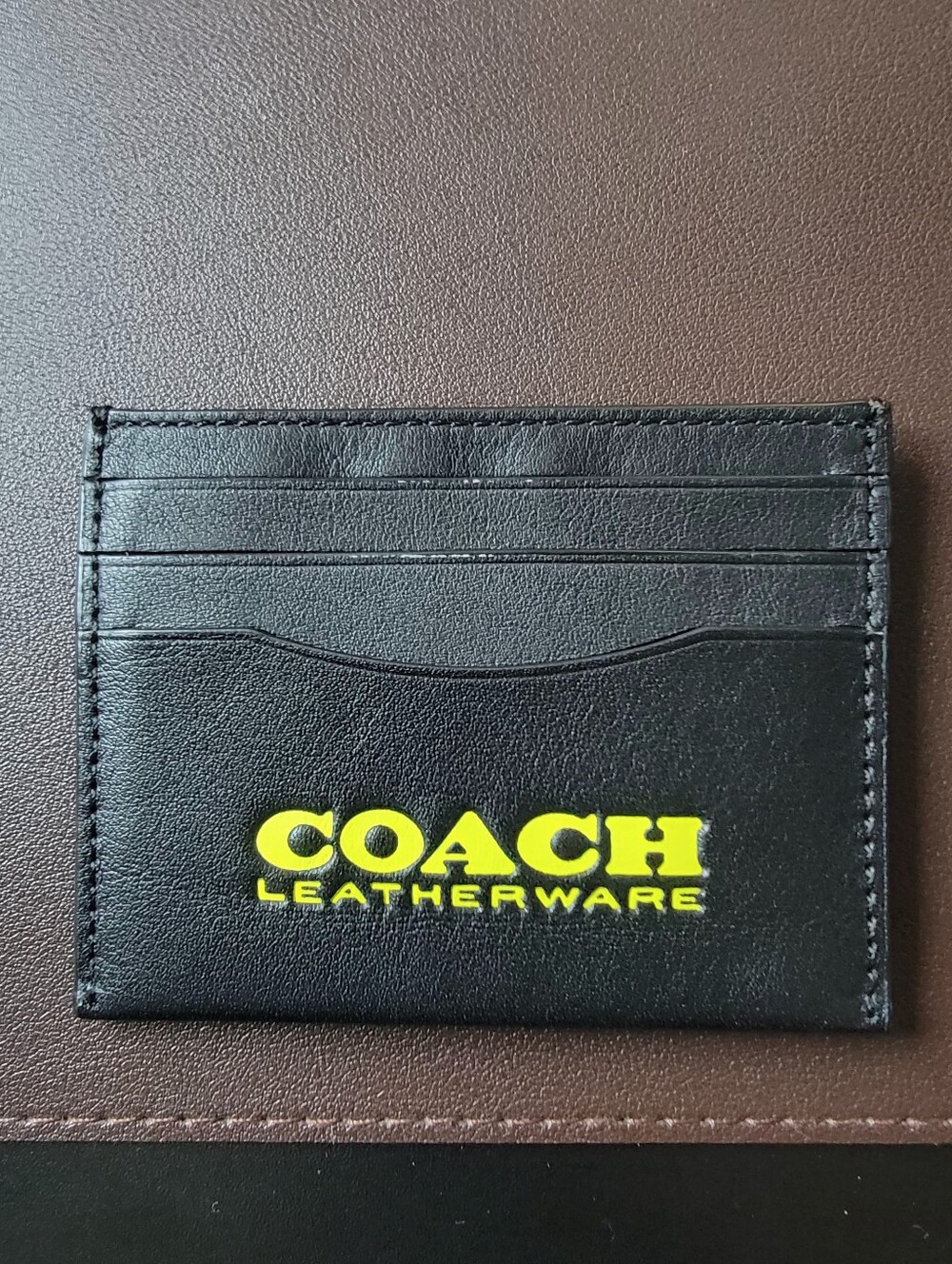 Rare Coach Black Leather Card Holder with Lime Logo